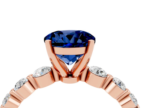 Rose gold Round Cut Solitaire Blue Sapphire Ring with Pave Band and Four-Prong Setting_4