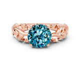 Rose gold Round Cut Solitaire Blue Topaz Leaf-Inspired Vine Band Ring with Prong Setting