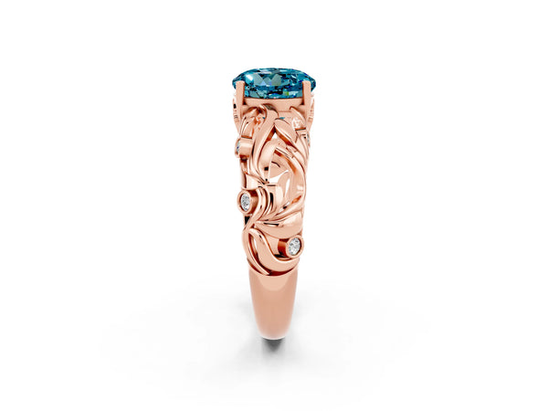 Rose gold Round Cut Solitaire Blue Topaz Leaf-Inspired Vine Band Ring with Prong Setting