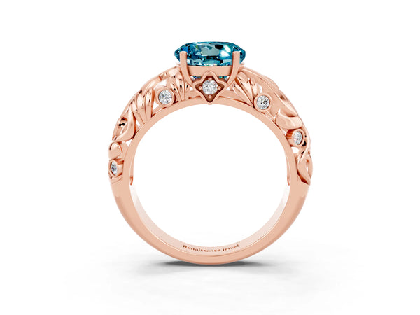Rose gold Round Cut Solitaire Blue Topaz Leaf-Inspired Vine Band Ring with Prong Setting