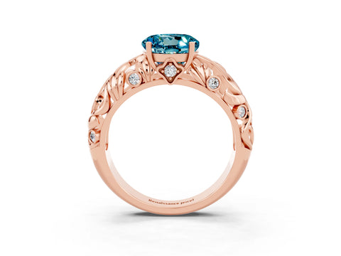 Rose gold Round Cut Solitaire Blue Topaz Leaf-Inspired Vine Band Ring with Prong Setting_3