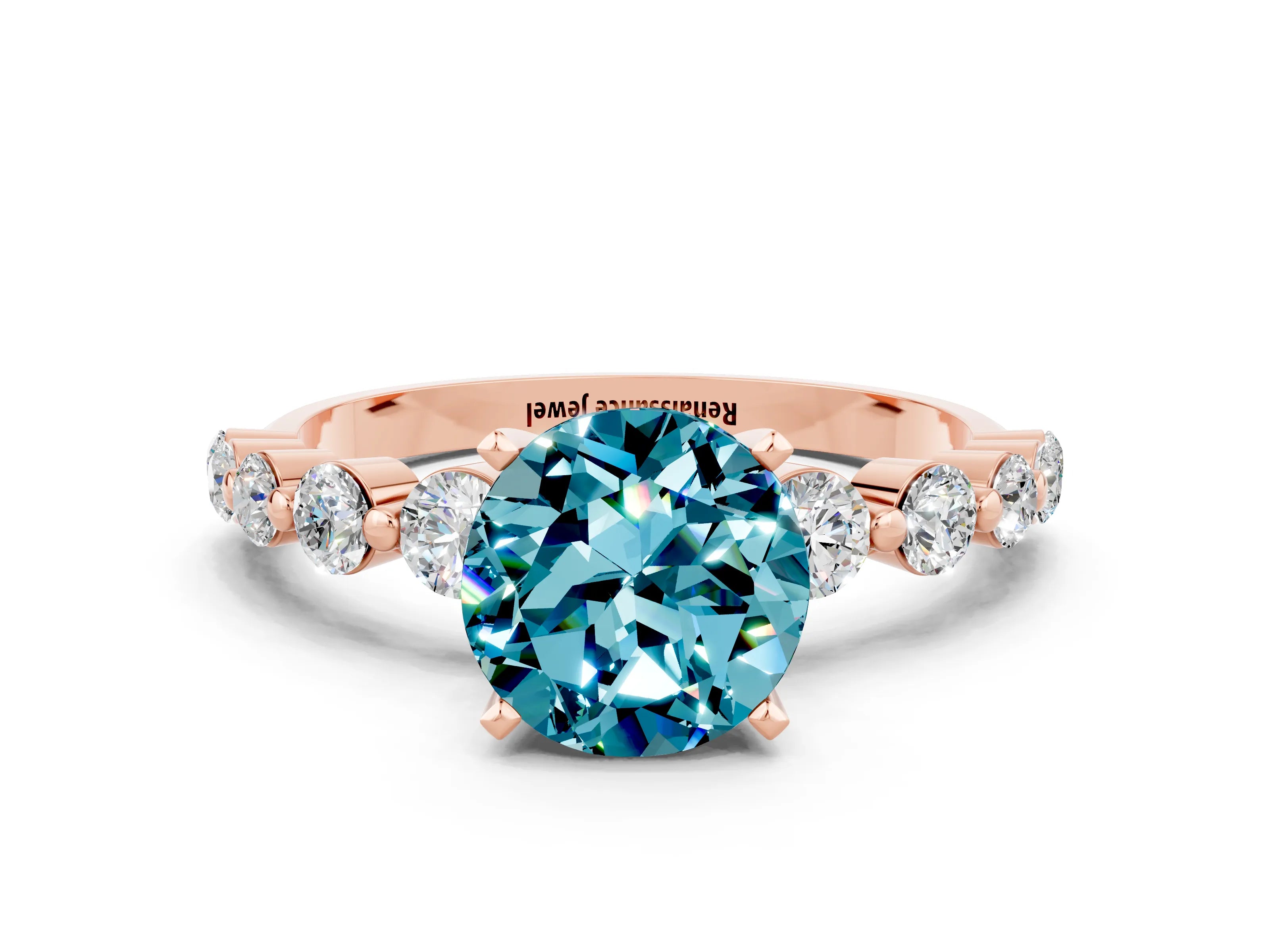 Rose gold Round Cut Solitaire Blue Topaz Ring with Pave Band and Four-Prong Setting