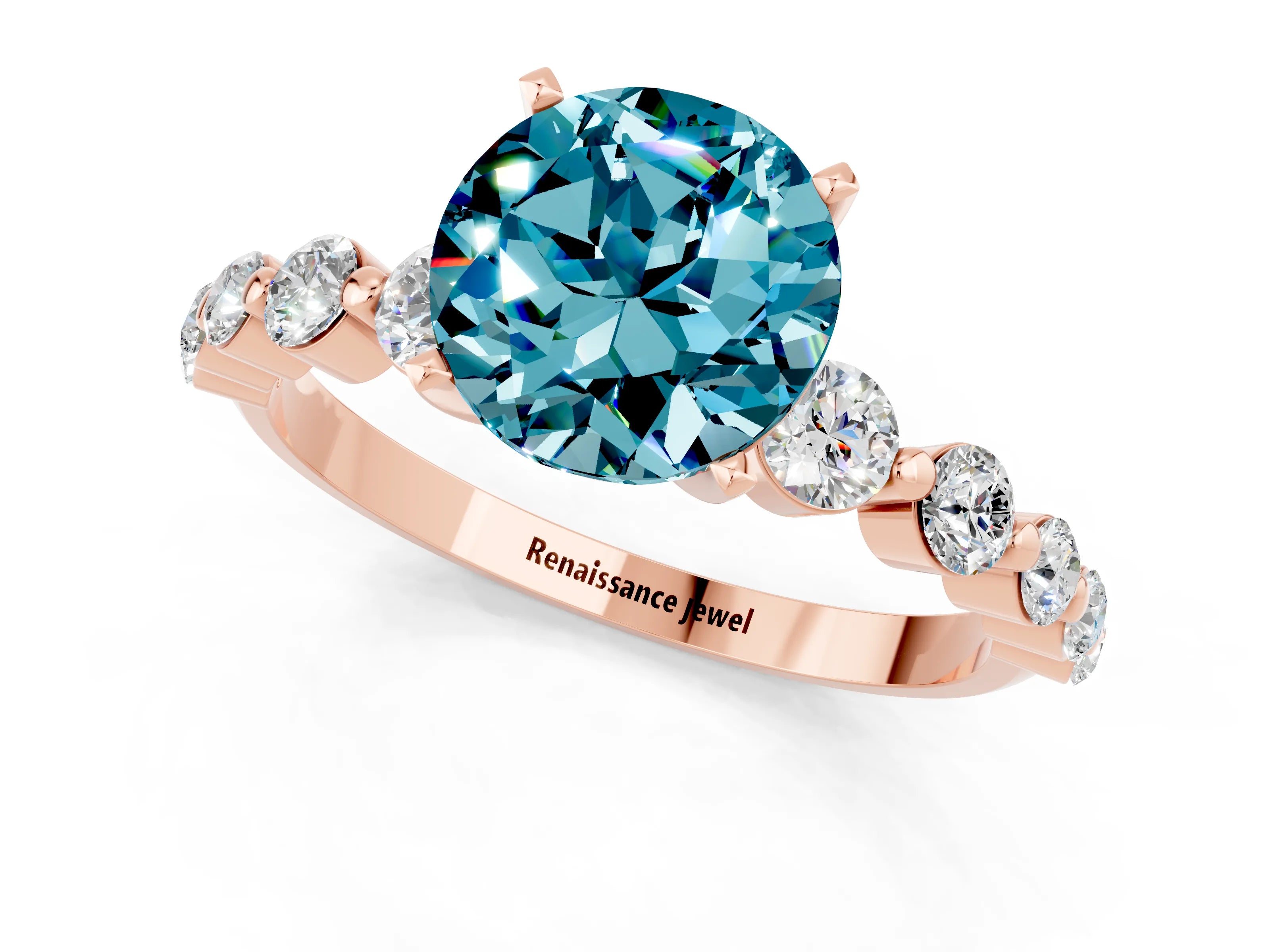Rose gold Round Cut Solitaire Blue Topaz Ring with Pave Band and Four-Prong Setting_1