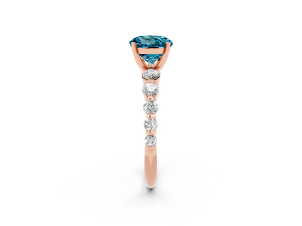 Rose gold Round Cut Solitaire Blue Topaz Ring with Pave Band and Four-Prong Setting