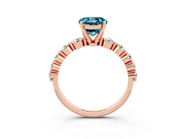 Rose gold Round Cut Solitaire Blue Topaz Ring with Pave Band and Four-Prong Setting