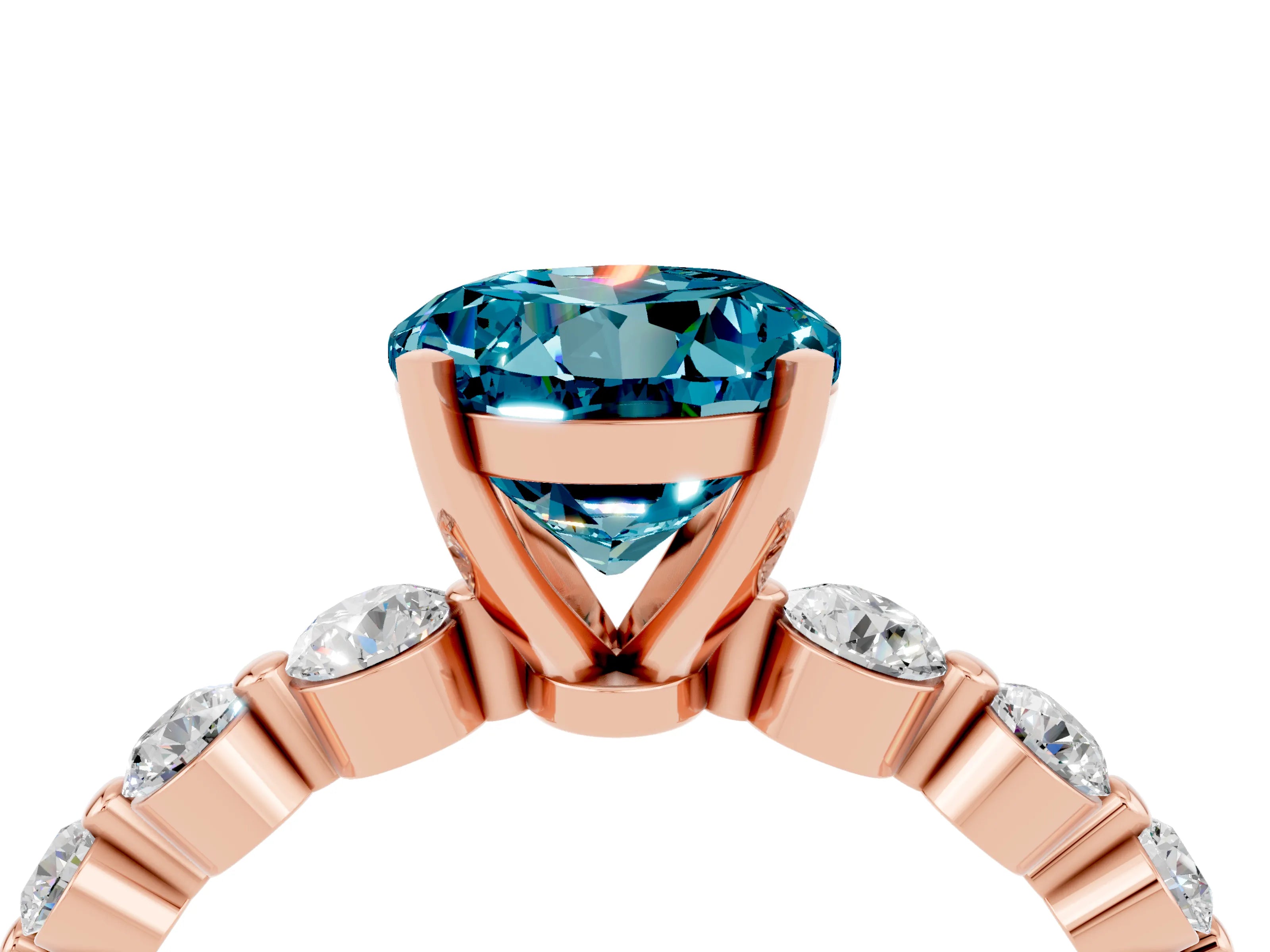 Rose gold Round Cut Solitaire Blue Topaz Ring with Pave Band and Four-Prong Setting_4