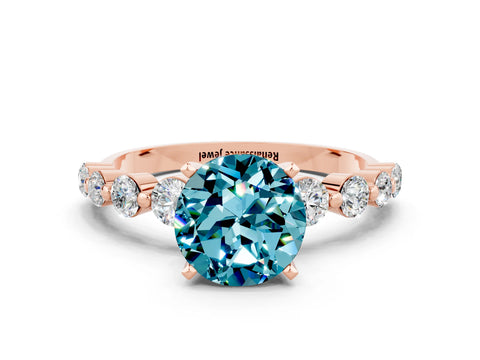 Rose gold Round Cut Solitaire Blue Topaz Ring with Pave Band and Four-Prong Setting