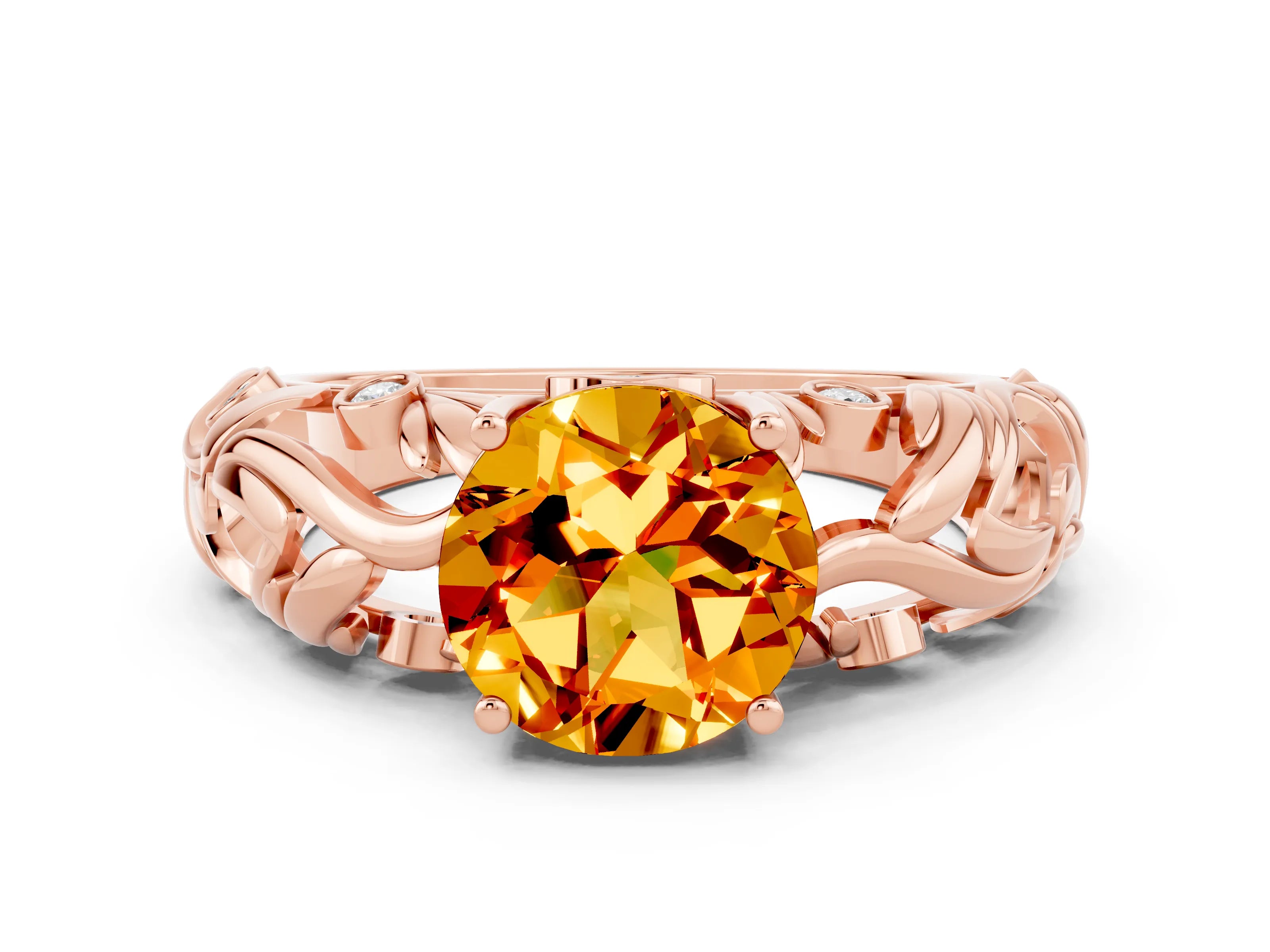 Rose gold Round Cut Solitaire Citrine Leaf-Inspired Vine Band Ring with Prong Setting
