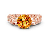 Rose gold Round Cut Solitaire Citrine Leaf-Inspired Vine Band Ring with Prong Setting
