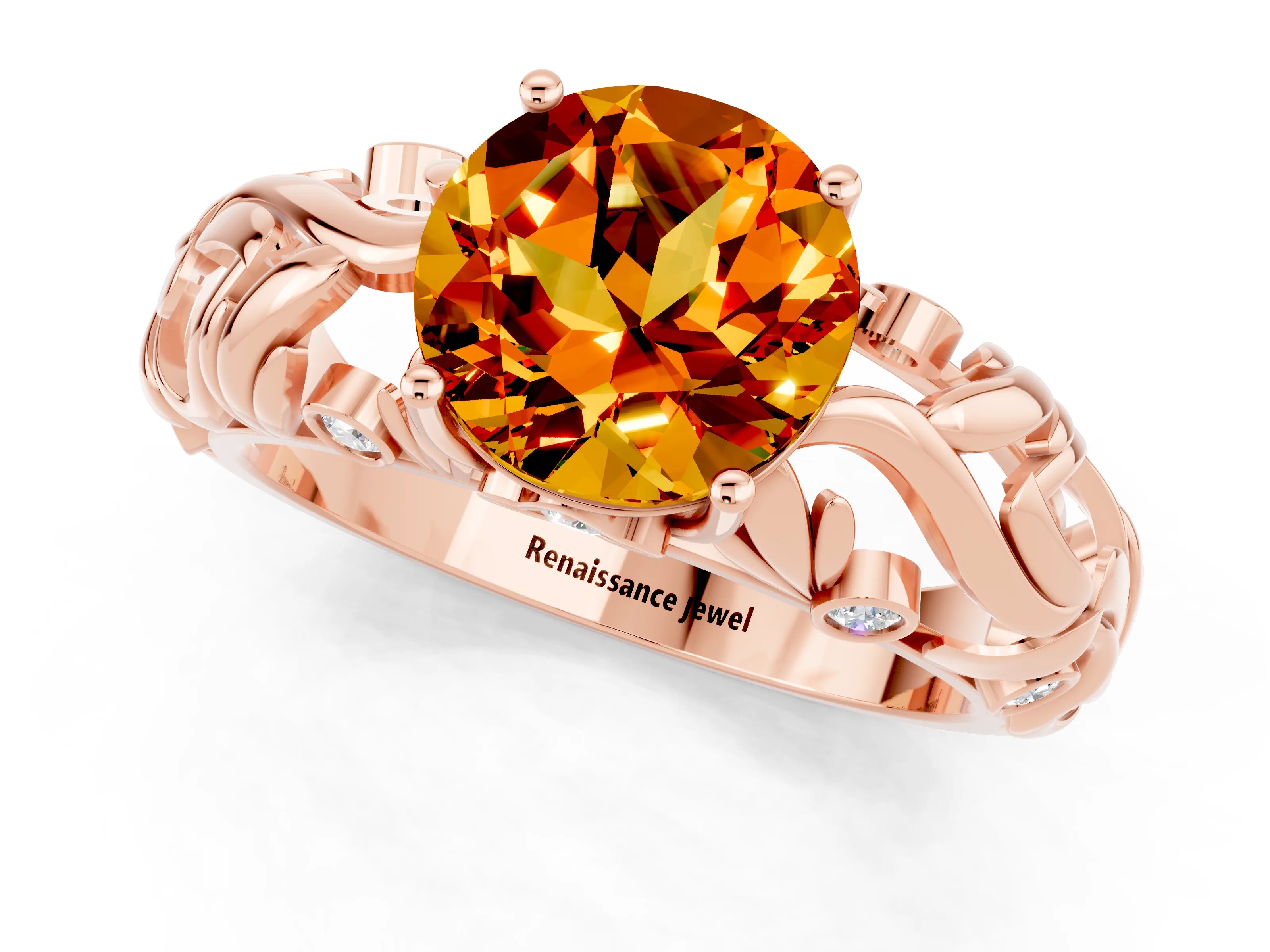 Rose gold Round Cut Solitaire Citrine Leaf-Inspired Vine Band Ring with Prong Setting_1