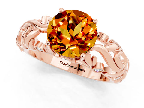 Rose gold Round Cut Solitaire Citrine Leaf-Inspired Vine Band Ring with Prong Setting_1