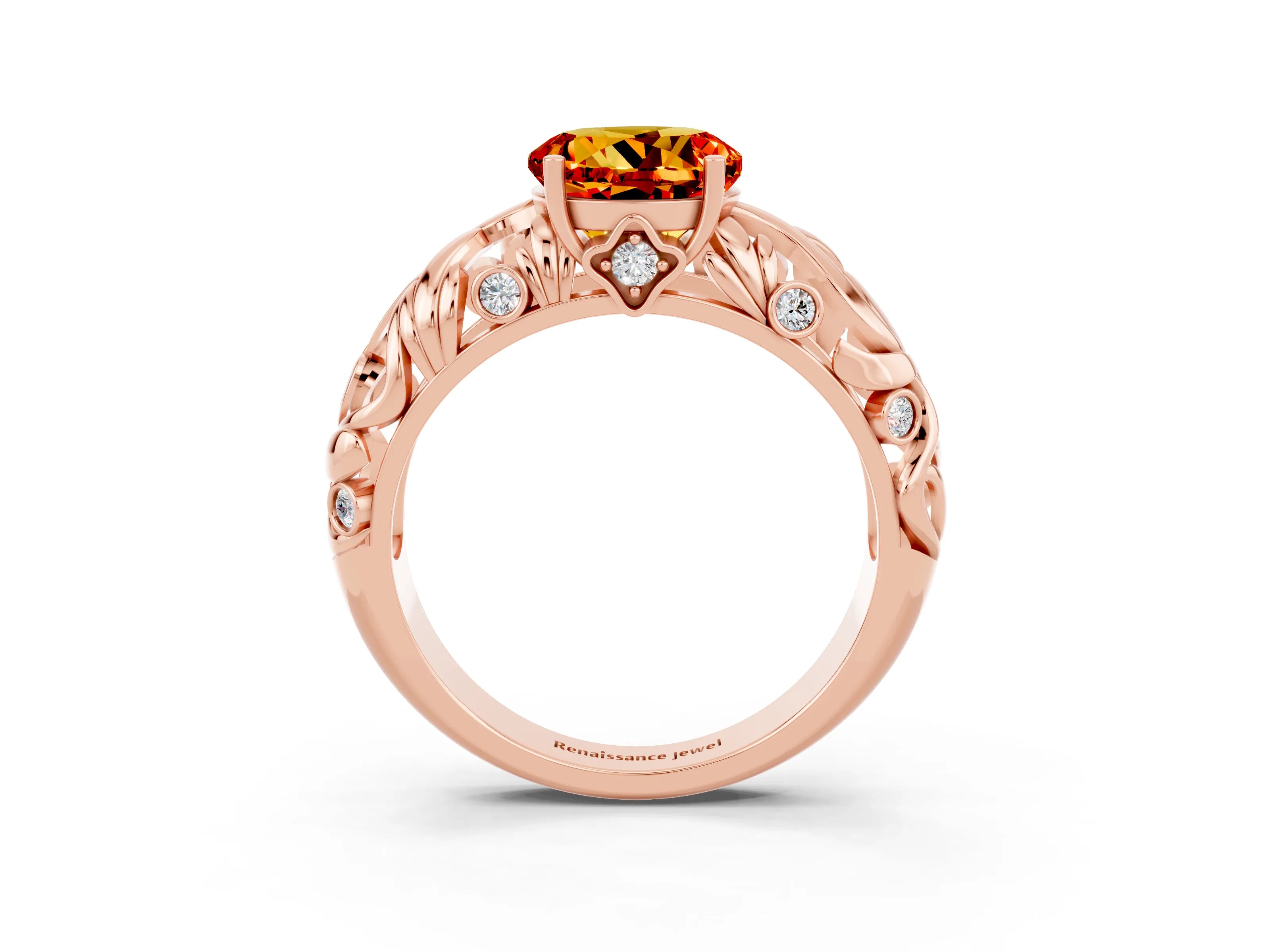 Rose gold Round Cut Solitaire Citrine Leaf-Inspired Vine Band Ring with Prong Setting_3