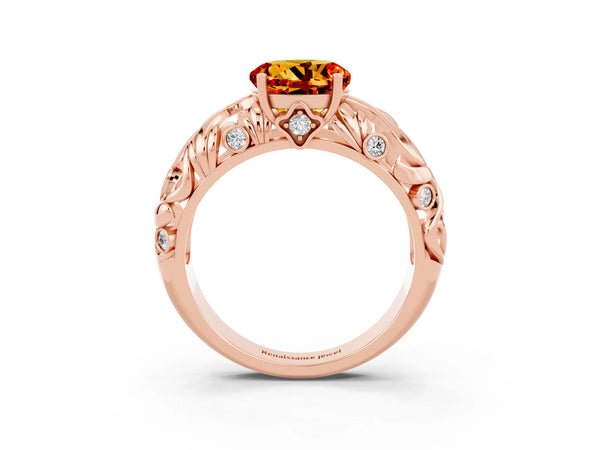 Rose gold Round Cut Solitaire Citrine Leaf-Inspired Vine Band Ring with Prong Setting