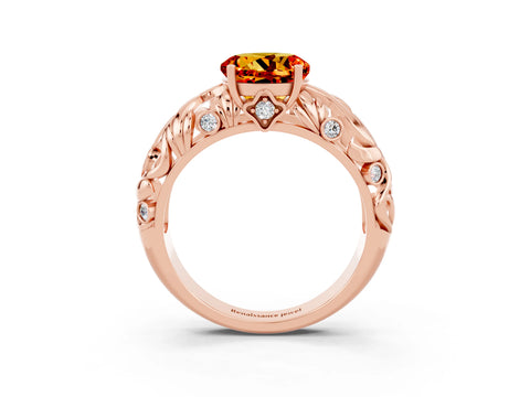 Rose gold Round Cut Solitaire Citrine Leaf-Inspired Vine Band Ring with Prong Setting_3
