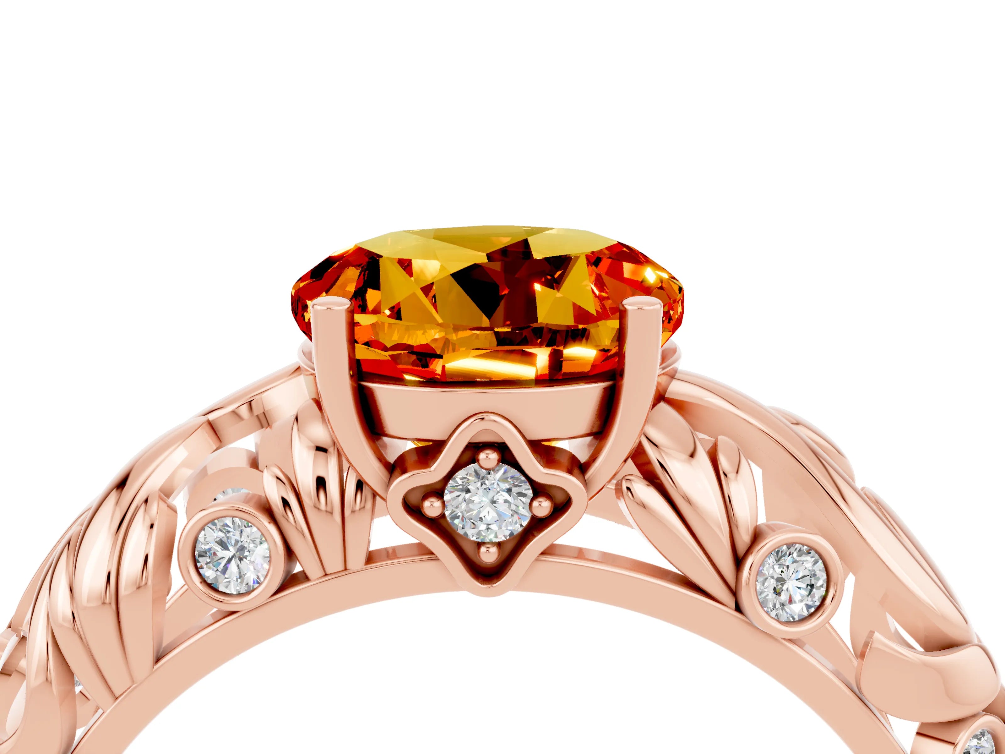 Rose gold Round Cut Solitaire Citrine Leaf-Inspired Vine Band Ring with Prong Setting_4