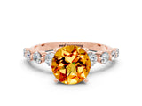 Rose gold Round Cut Solitaire Citrine Ring with Pave Band and Four-Prong Setting