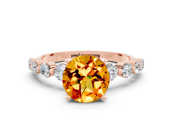 Rose gold Round Cut Solitaire Citrine Ring with Pave Band and Four-Prong Setting