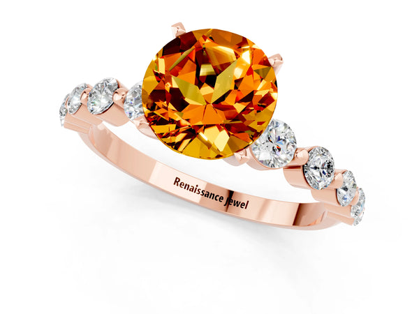 Rose gold Round Cut Solitaire Citrine Ring with Pave Band and Four-Prong Setting