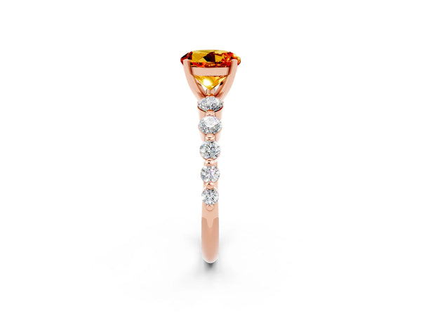 Rose gold Round Cut Solitaire Citrine Ring with Pave Band and Four-Prong Setting
