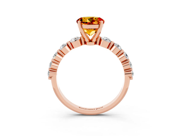 Rose gold Round Cut Solitaire Citrine Ring with Pave Band and Four-Prong Setting