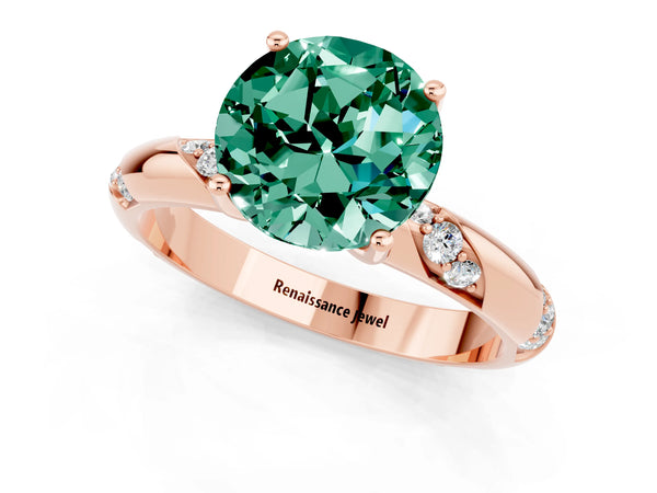 Rose gold Round Cut Green Sapphire Solitaire Engagement Ring with Twisted Round  Accent Band and Prong Setting