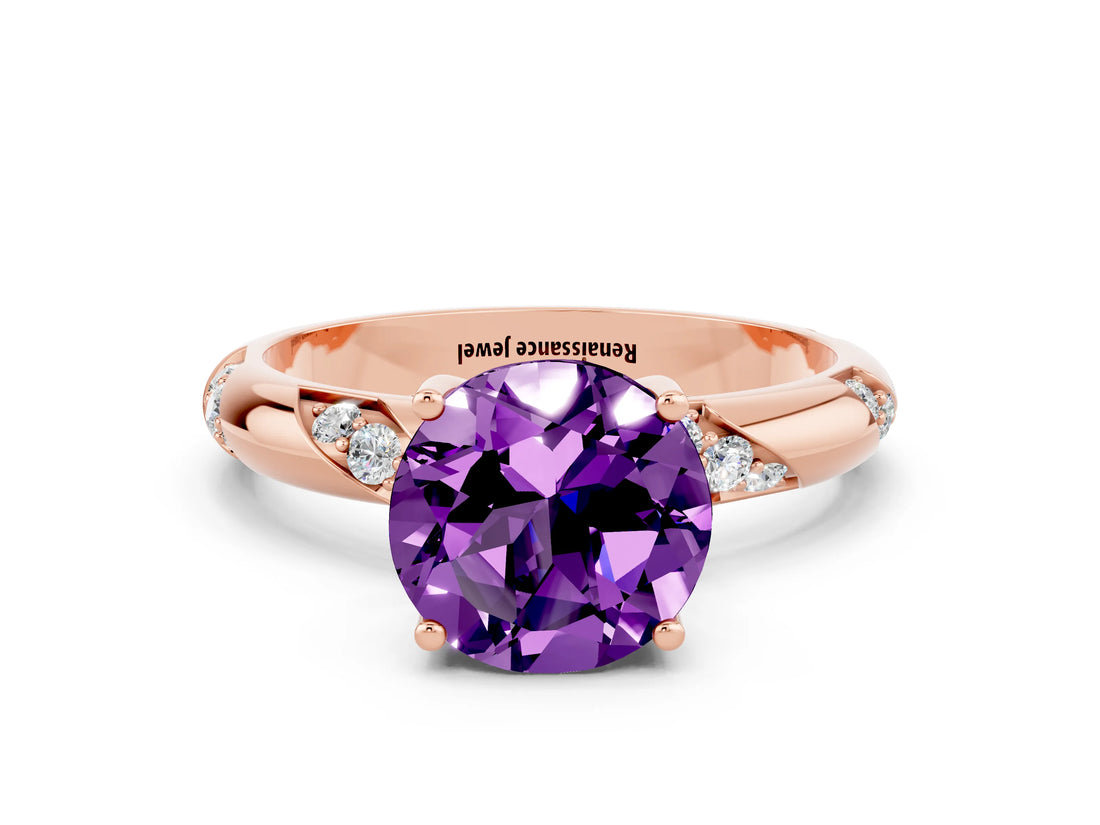 Rose gold Round Cut Solitaire Diamond Engagement Ring with Twisted Pave Band and Four-Prong Setting