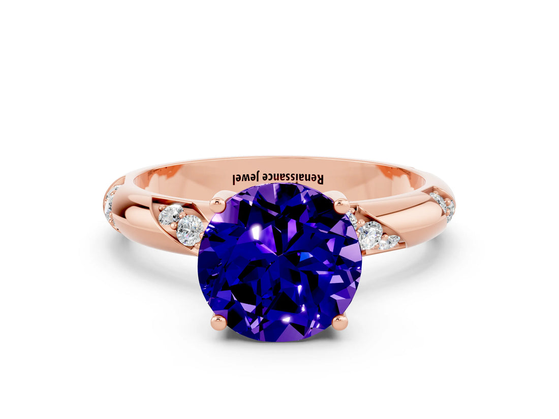 Rose gold Round Cut Solitaire Diamond Engagement Ring with Twisted Pave Band and Four-Prong Setting