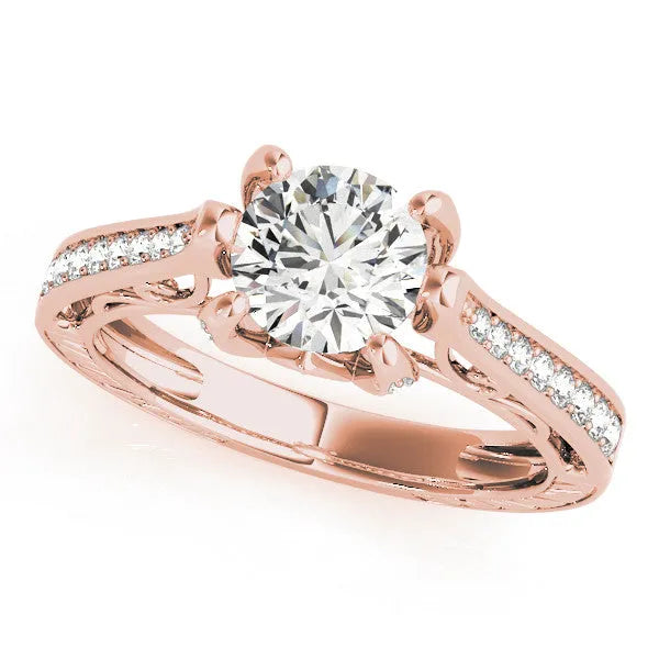 Rose gold Round Cut Solitaire Diamond Ring with Pavé Band and Six-Prong Setting