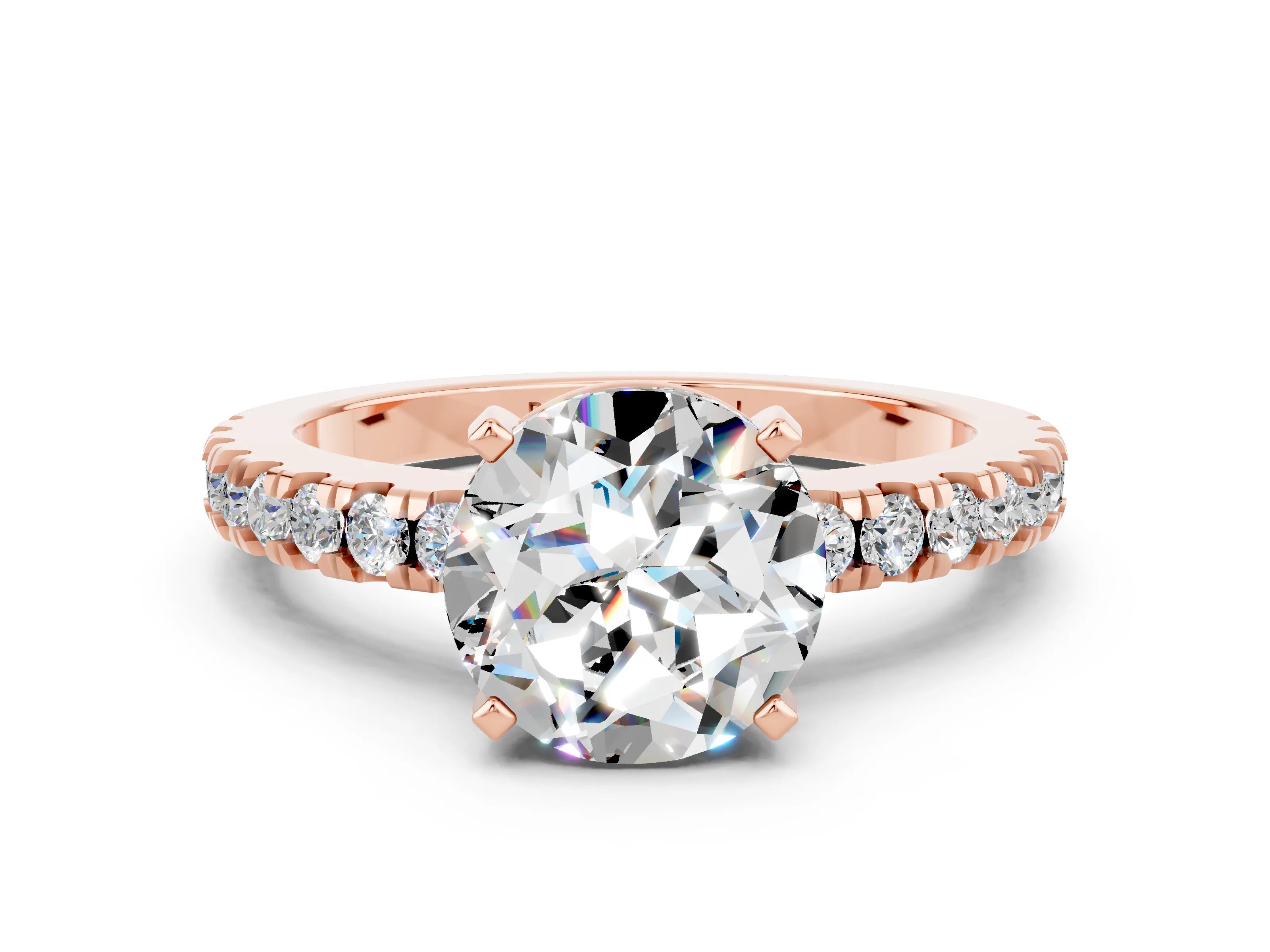 Rose gold Round Cut Solitaire Diamond with Pavé Band and Four-Prong Setting
