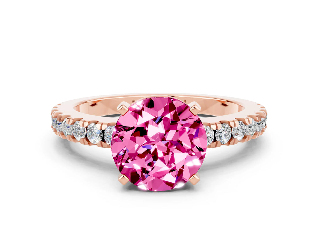 Rose gold Round Cut Solitaire Diamond with Pavé Band and Four-Prong Setting