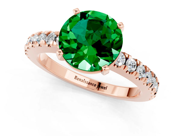 Rose gold Round Cut Solitaire Emerald with Pavé Band and Four-Prong Setting