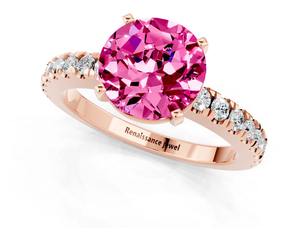 Rose gold Round Cut Solitaire Pink Sapphire with Pavé Band and Four-Prong Setting