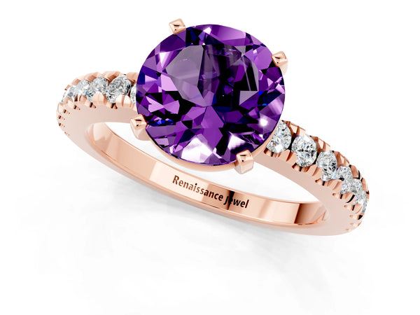 Rose gold Round Cut Solitaire Amethyst with Pavé Band and Four-Prong Setting