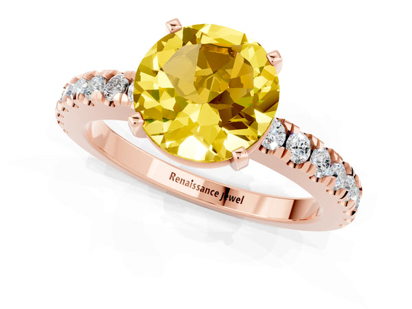 Rose gold Round Cut Solitaire Yellow Sapphire with Pavé Band and Four-Prong Setting