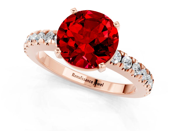 Rose gold Round Cut Solitaire Ruby with Pavé Band and Four-Prong Setting