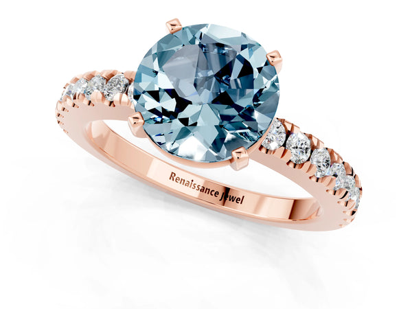 Rose gold Round Cut Solitaire Aquamarine with Pavé Band and Four-Prong Setting