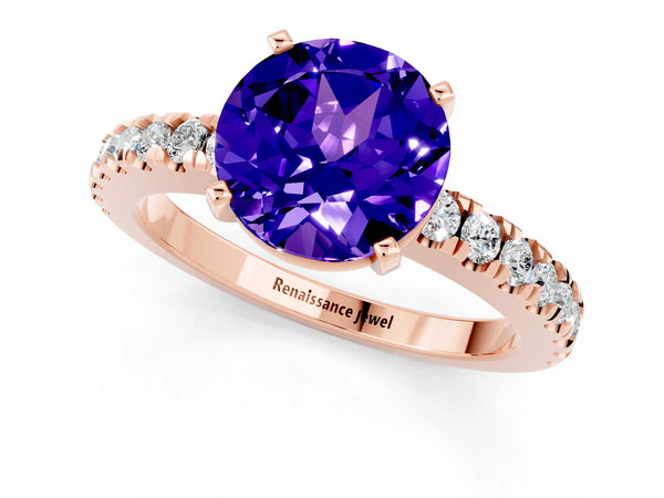 Rose gold Round Cut Solitaire Tanzanite with Pavé Band and Four-Prong Setting