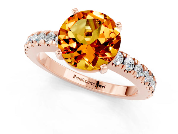 Rose gold Round Cut Solitaire Citrine with Pavé Band and Four-Prong Setting