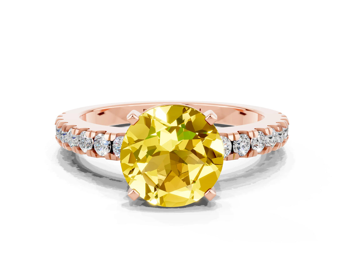 Rose gold Round Cut Solitaire Diamond with Pavé Band and Four-Prong Setting