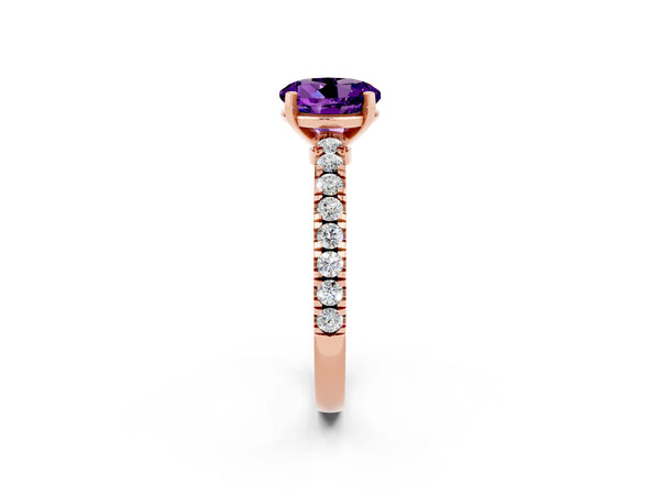 Rose gold Round Cut Solitaire Amethyst with Pavé Band and Four-Prong Setting