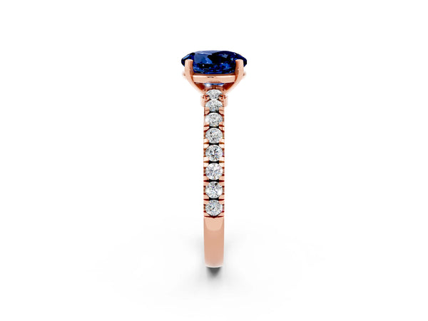 Rose gold Round Cut Solitaire Blue Sapphire with Pavé Band and Four-Prong Setting