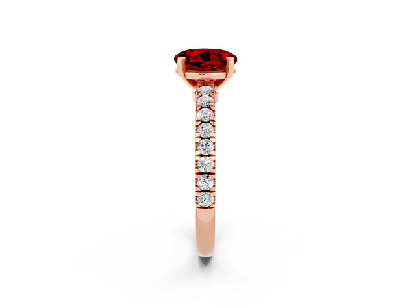 Rose gold Round Cut Solitaire Ruby with Pavé Band and Four-Prong Setting