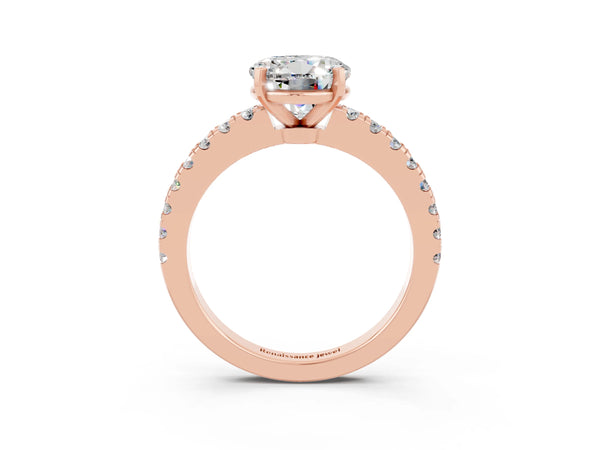 Rose gold Round Cut Solitaire Moissanite with Pavé Band and Four-Prong Setting