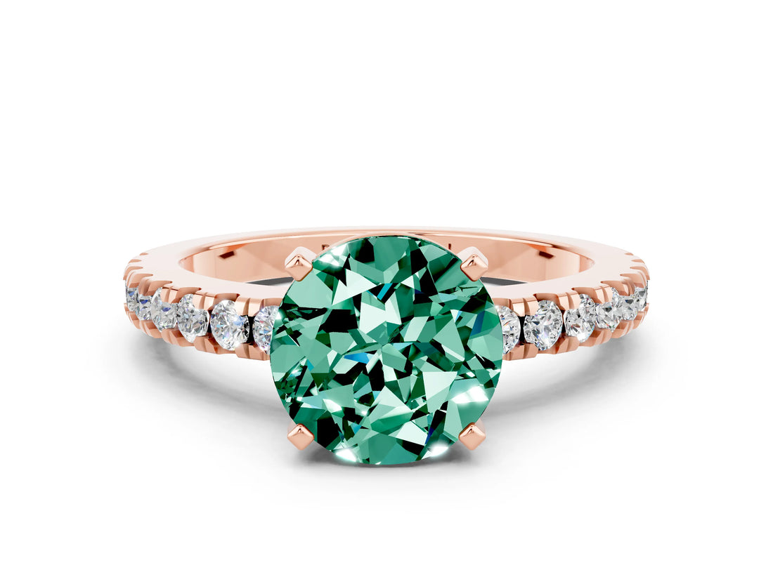 Rose gold Round Cut Solitaire Diamond with Pavé Band and Four-Prong Setting