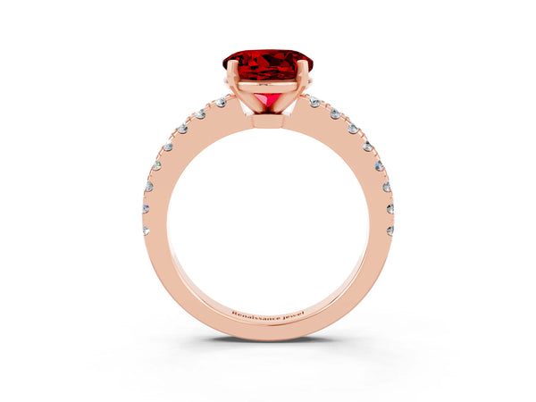 Rose gold Round Cut Solitaire Ruby with Pavé Band and Four-Prong Setting