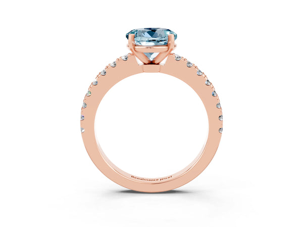 Rose gold Round Cut Solitaire Aquamarine with Pavé Band and Four-Prong Setting