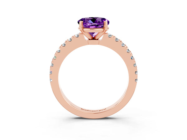 Rose gold Round Cut Solitaire Amethyst with Pavé Band and Four-Prong Setting