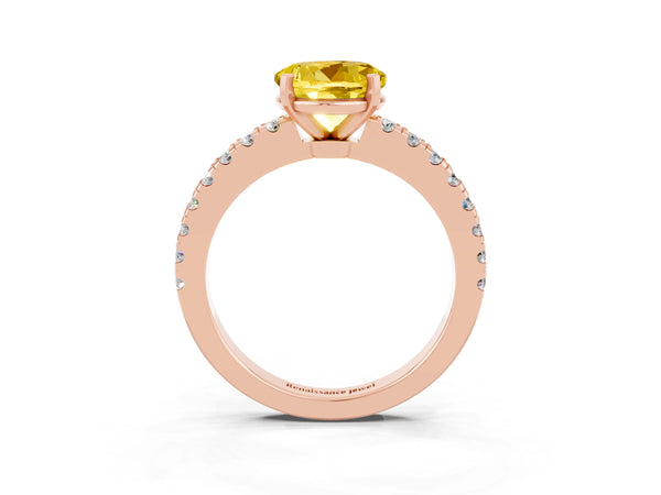 Rose gold Round Cut Solitaire Yellow Sapphire with Pavé Band and Four-Prong Setting
