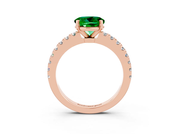 Rose gold Round Cut Solitaire Emerald with Pavé Band and Four-Prong Setting