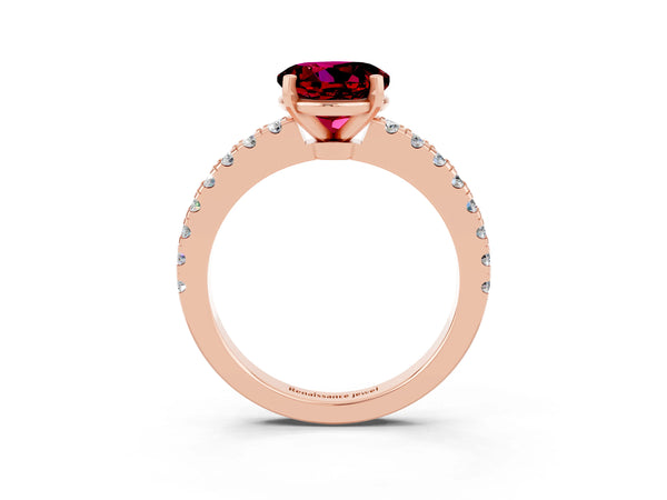 Rose gold Round Cut Solitaire Garnet with Pavé Band and Four-Prong Setting